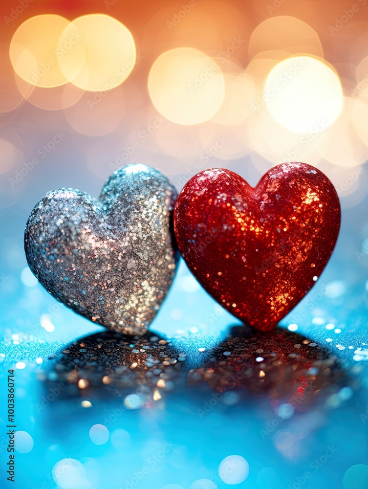 Obraz premium Valentines day festive background with two hearts In Shiny Background Valentine's Day glitter background