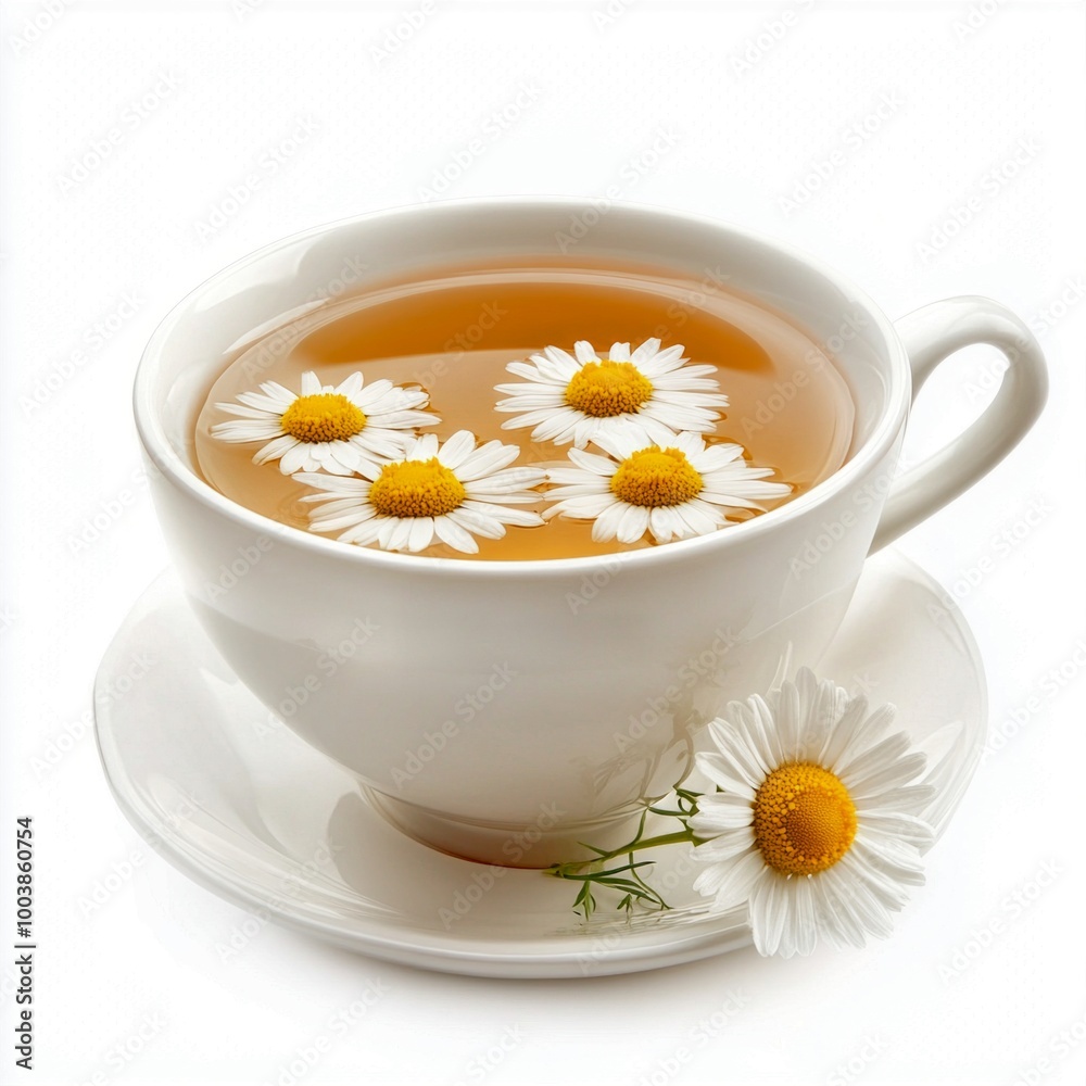 A beautiful white cup filled with herbal tea and fresh daisies floating on the surface. This image captures tranquility and warmth. Ideal for wellness themes and cozy settings. AI A beautiful white cup filled with herbal tea and fresh daisies floating on the surface. This image captures tranquility and warmth. Ideal for wellness themes and cozy settings. AI