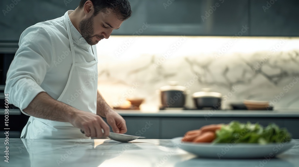 A male chef in a white uniform prepares food in a modern kitchen.