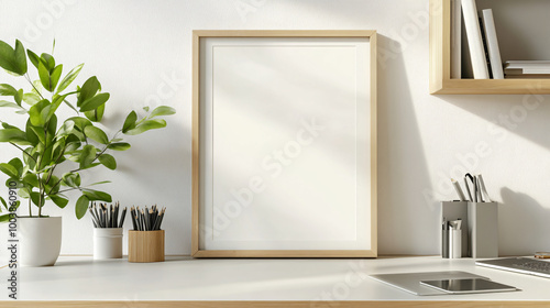 Mock-up frame on a Scandinavian-inspired desk in a bright home office, 3D render.