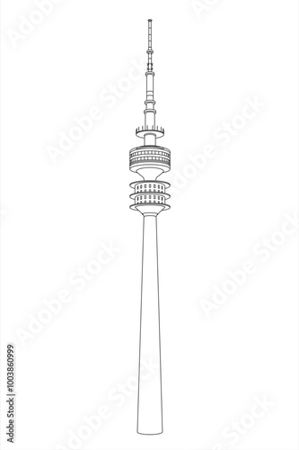 Line illustration of the 291 meter high modern iconic Olympia Communications tower building. Located at the Spiridon-Louis-ring, Olympiapark, Munich, Beieren, Germany