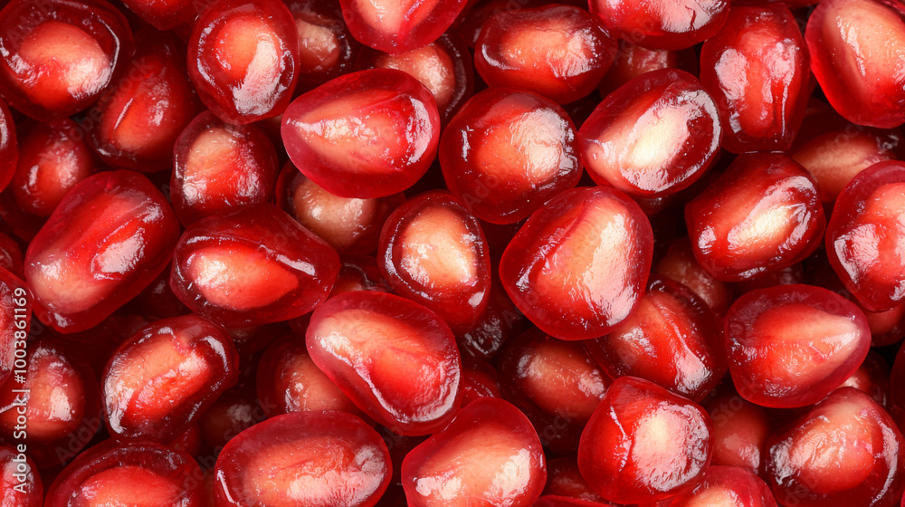 Close-up view of fresh, juicy pomegranate seeds 