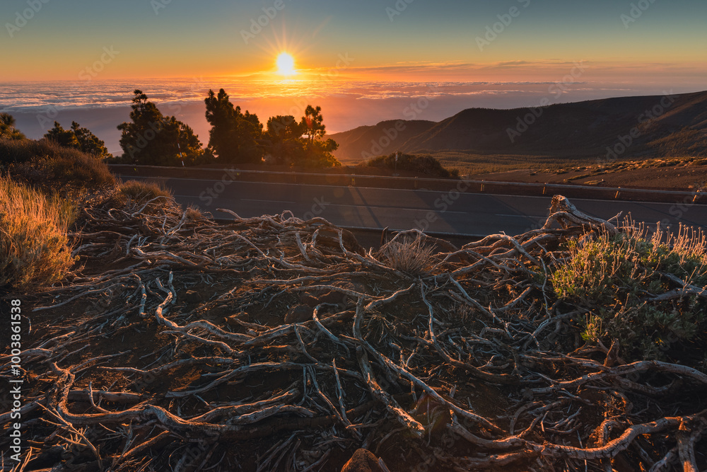 Beautiful sunrise from one of the viewpoints. View of Teide and most of the island of Tenerife.