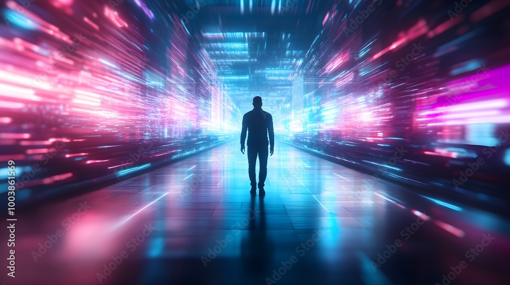 Fototapeta premium Vibrant silhouette of a man against a neon-lit futuristic cityscape, glowing geometric patterns, sleek modern architecture, cyberpunk atmosphere