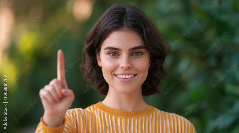 Young woman outdoors smiling and raising her finger Young woman outdoors smiling and raising her finger