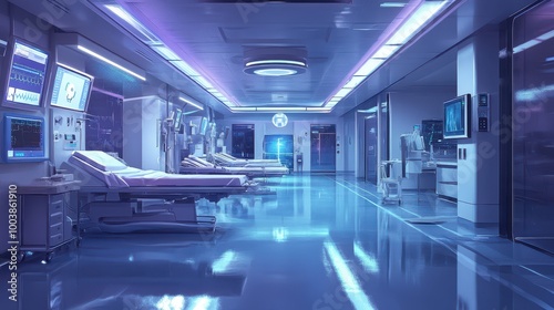 Futuristic Hospital Wing with Illuminated Hallway and Medical Equipment