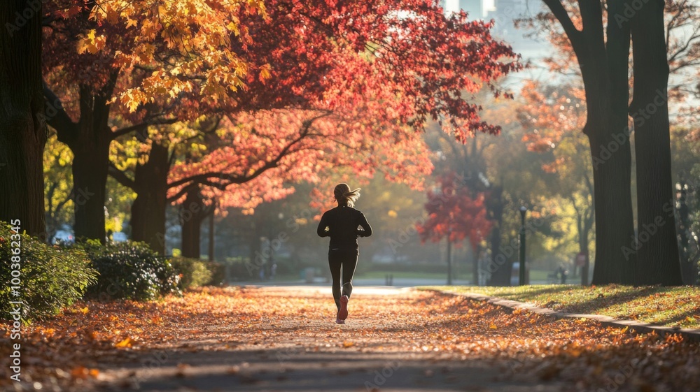 Runner in a park with fall foliage Runner in a park with fall foliage