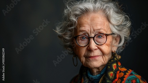 Portrait of an Elderly Woman with Glasses and Colorful Scarf