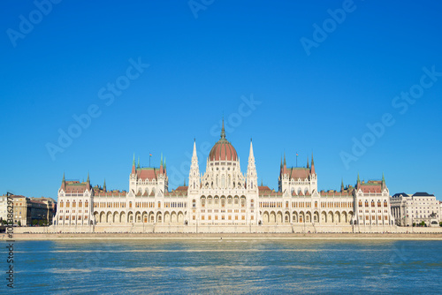 Exterior view of the national parliament in Budapest, Hungary.