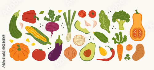Set hand drawn colorful vegetables. Modern abstract minimal style. Healthy organic food. Salad, tomatoes, onion, zucchini, eggplant, leek, potatoes, corn, peppers, beet. Vector flat illustration.