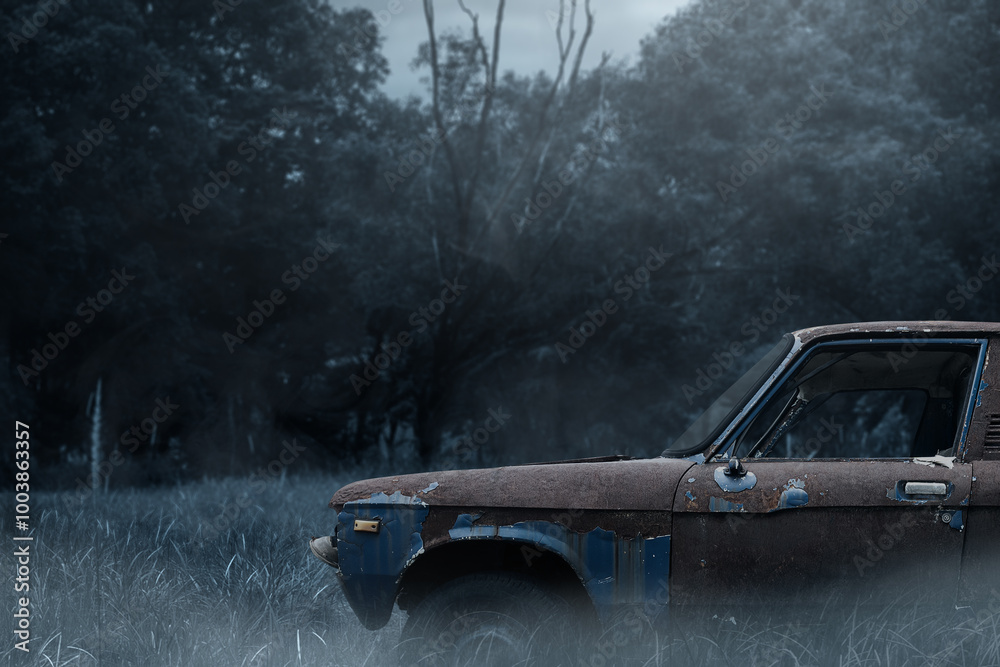 Naklejka premium A abandoned car is parked in a junk field with trees in the background. The car is old and rusted