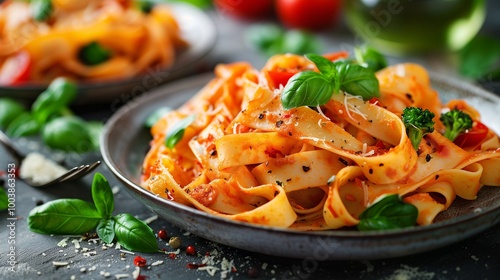 Fettuccine Pasta with Tomato Sauce and Basil