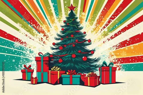 abstract the Christmas tree and gift box, holiday background, pop art retro illustration