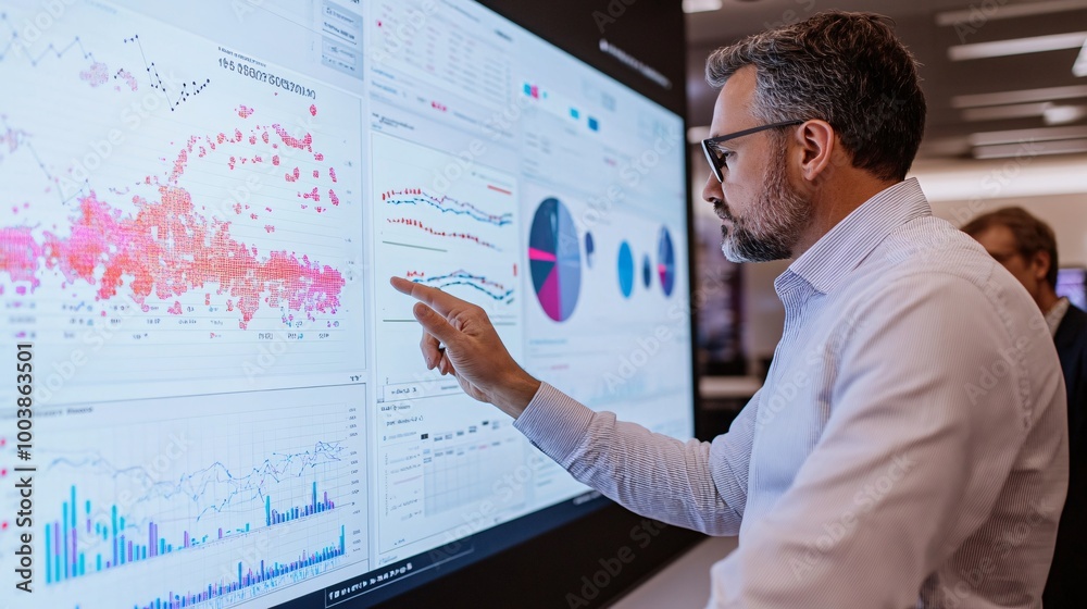 A businessman analyzing data on a large screen. Innovative technology enhances decision-making and data visualization in the office. A businessman analyzing data on a large screen. Innovative technology enhances decision-making and data visualization in the office.