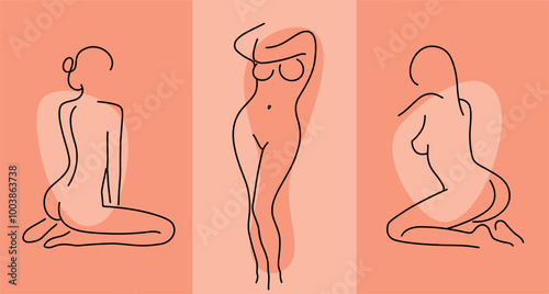 Beautiful woman body line art illustration. Minimalist female figure. Abstract nude female characters. Minimalist line women bodies set 1. Hand drawn art of body girls. Vector illustration