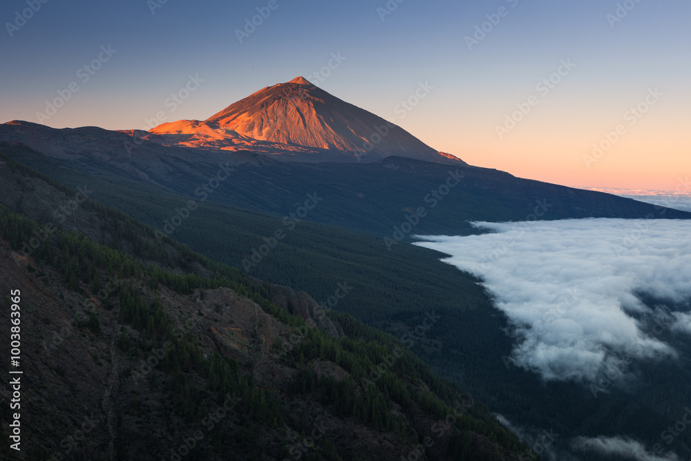 Beautiful sunrise from one of the viewpoints. View of Teide and most of the island of Tenerife.