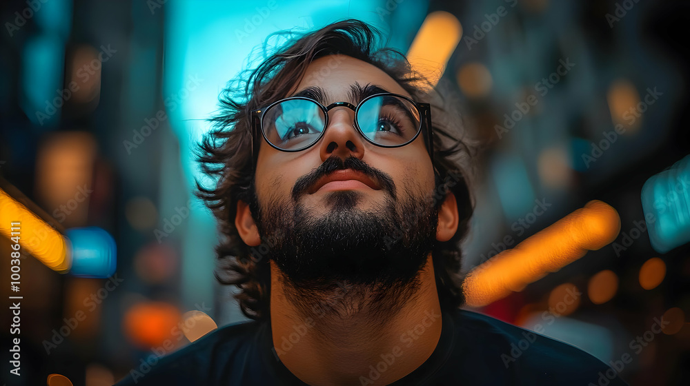 Man Gazing Upward, Lost in Thought, City Lights in the Background Man Gazing Upward, Lost in Thought, City Lights in the Background