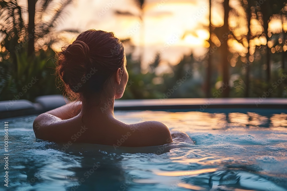 Serene woman enjoying a spa pool at twilight Serene woman enjoying a spa pool at twilight