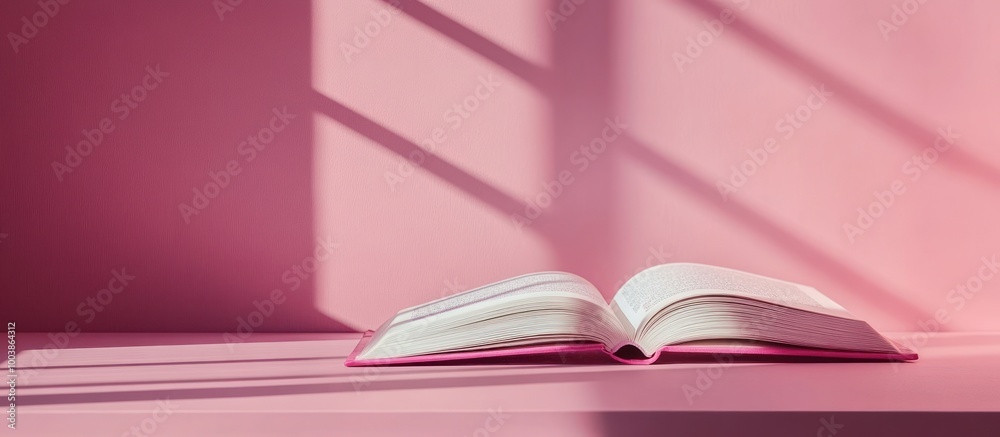 Naklejka premium Open book on pink surface with sunlight shadows.