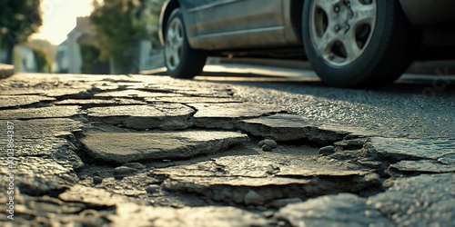 Close-up of damaged road surface with deep cracks and texture near parked car in residential area photo