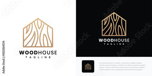 Wooden house logo design vector illustration. House wood grain texture logo icon made with lines