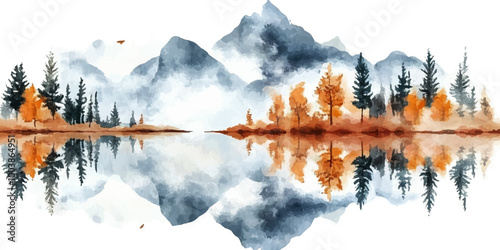Watercolor mountain landscape with trees and a lake, isolated on a white background