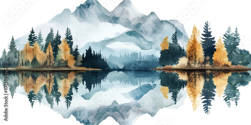 Watercolor mountain landscape with trees and a lake, isolated on a white background