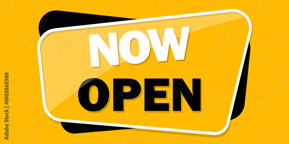 Now Open white sign on yellow background.White paper letters label. Open business concept. Access tag. Store badge Now Open white sign on yellow background.White paper letters label. Open business concept. Access tag. Store badge