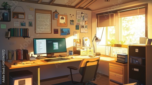 Cozy Home Office Workspace with Warm Lighting and Decor