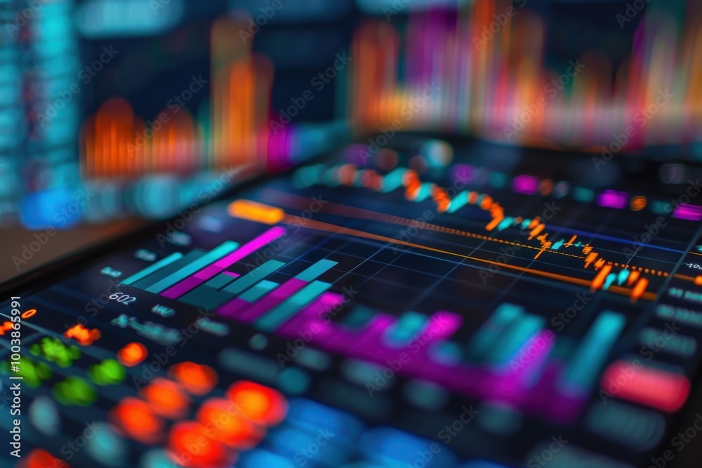 Close-up of financial data on digital screen with colorful graphs and charts, illustrating stock market analysis and trading trends. Close-up of financial data on digital screen with colorful graphs and charts, illustrating stock market analysis and trading trends.