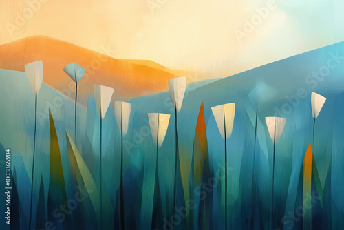 Abstract landscape with minimalist flowers and soft gradients, evoking a peaceful and serene atmosphere with a blend of warm and cool tones.