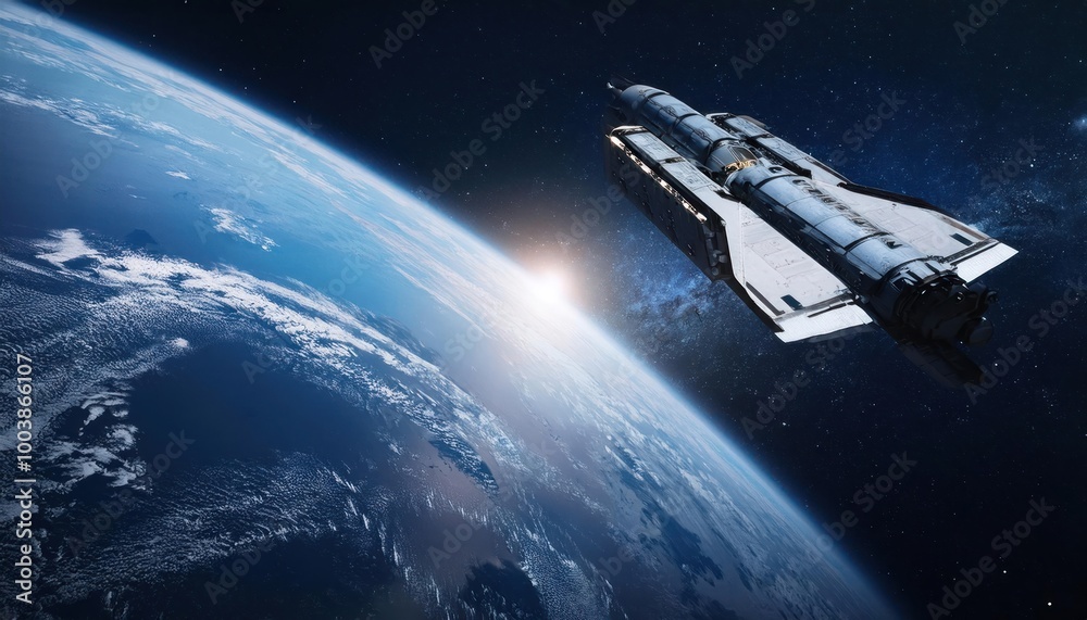 Space craft in outer space near Earth planet. 