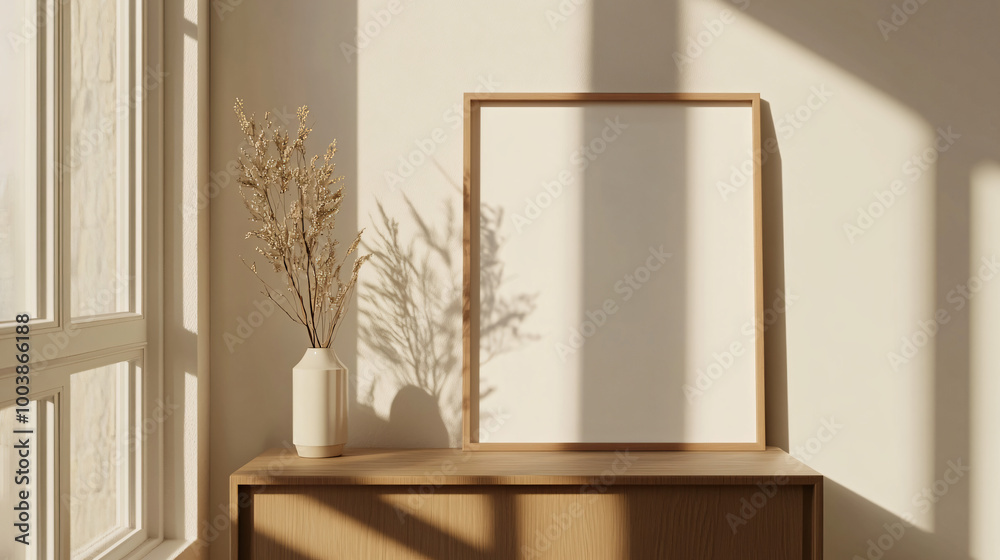 Mock-up frame displayed on a minimalist white desk, accented by greenery, 3D render.