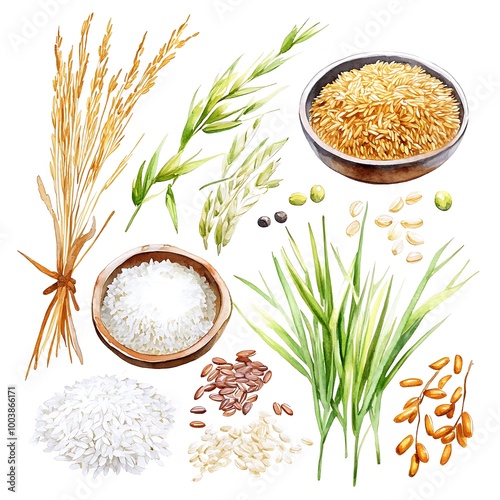 Watercolor Illustration of Different Types of Rice, Grain, and Rice Plants.