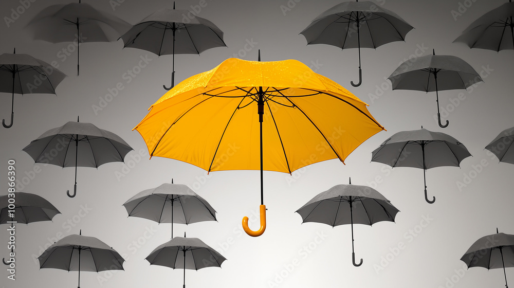 Obraz premium Yellow umbrella with black umbrellas on grey background. 3D rendering