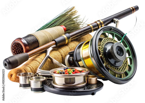 fishing rod and reel on white