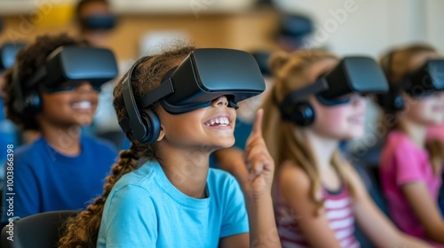 A group of children are wearing virtual reality headsets and smiling