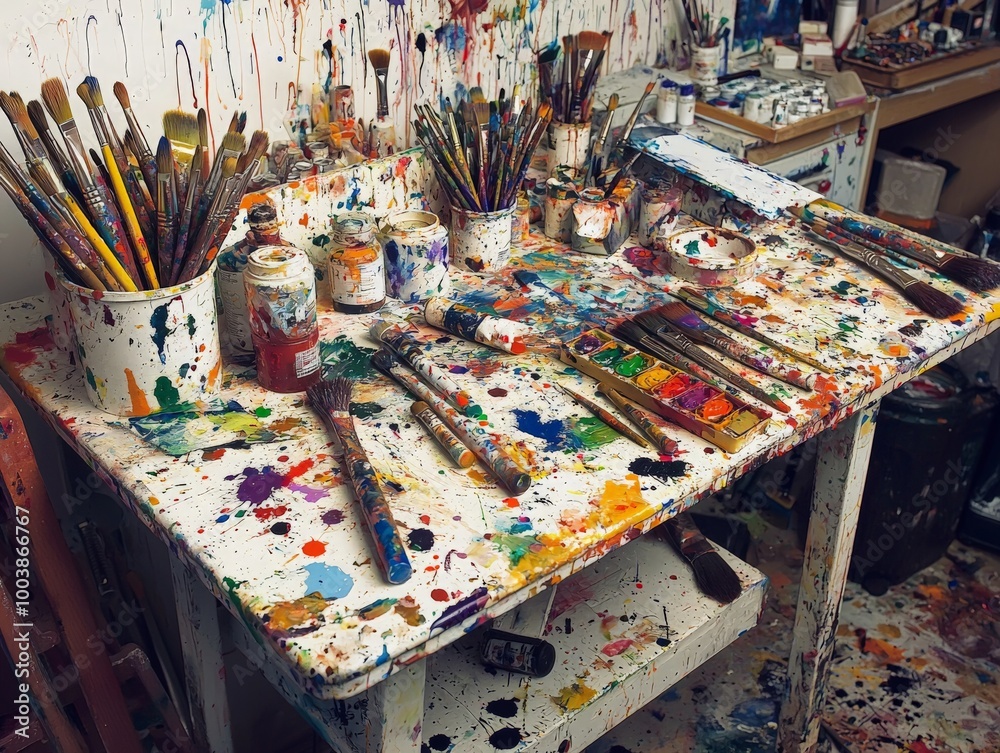 Messy Artist Desk Covered in Splattered Paint Messy Artist Desk Covered in Splattered Paint