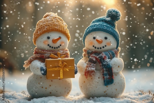 Two cute snowmen in winter, one is holding out his hand with a gift box to the other, festive and heartwarming scene, Merry christmas and happy new year greeting card. photo