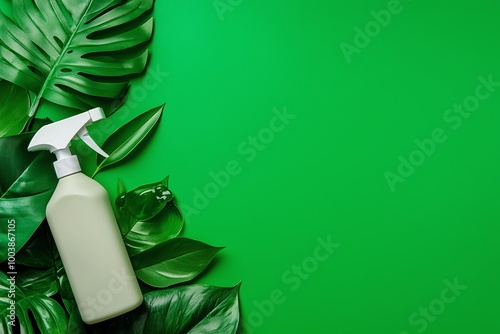 Green spray bottle surrounded by tropical leaves on vibrant green background.