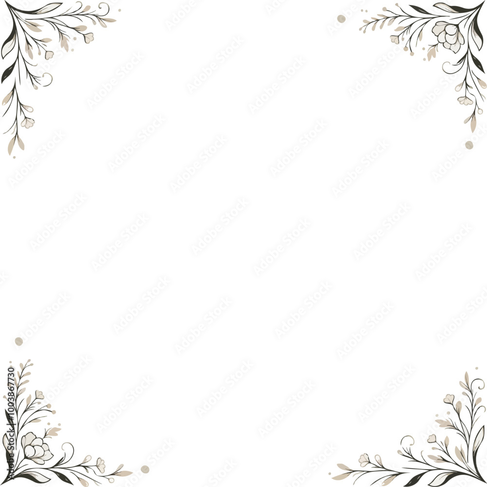 Panel with flower and leaf corner borders, hand-drawn aesthetic. Floral Arrangement Illustration Panel with flower and leaf corner borders, hand-drawn aesthetic. Floral Arrangement Illustration