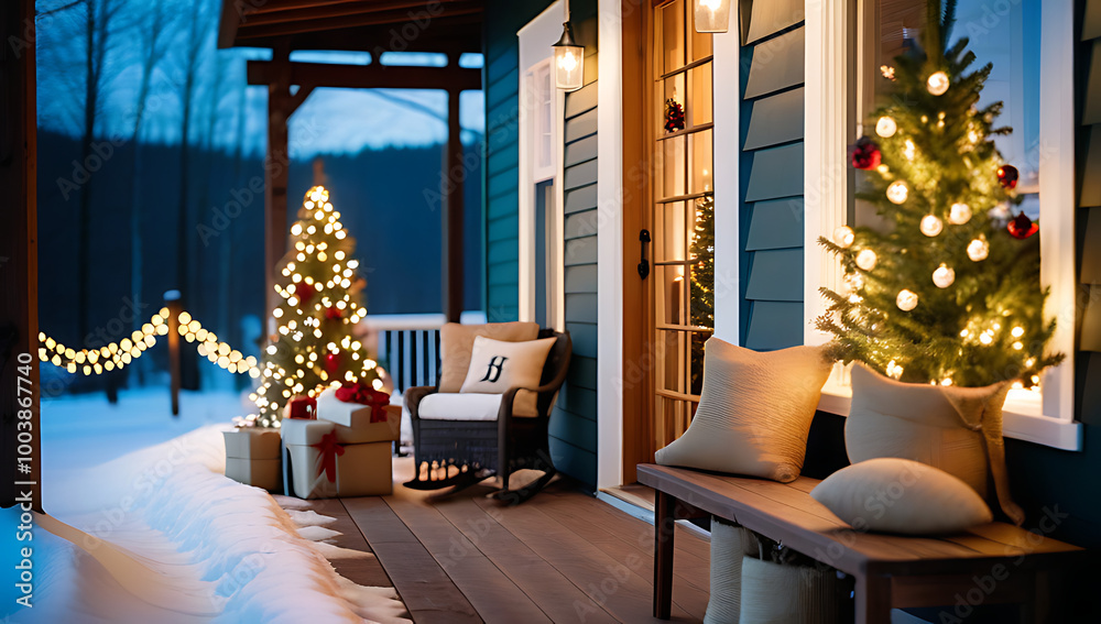 Fototapeta premium rustic christmas porch burlap stockings natural wood decorations