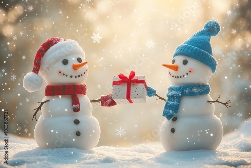 Two cute snowmen in winter, one is holding out his hand with a gift box to the other, festive and heartwarming scene, Merry christmas and happy new year greeting card.