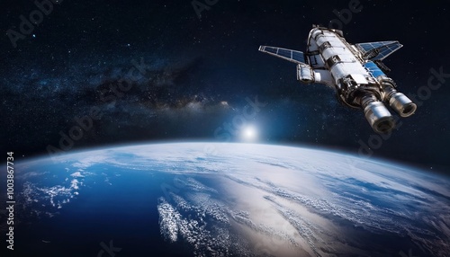 Fototapeta Naklejka Na Ścianę i Meble -  Space craft in outer space near Earth planet. 