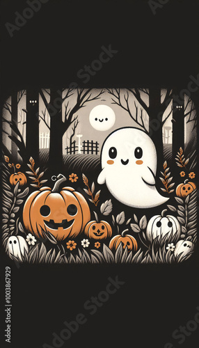 A cute ghost and pumpkin in the woods, in the style of a vintage painting, with a dark background and a Halloween theme