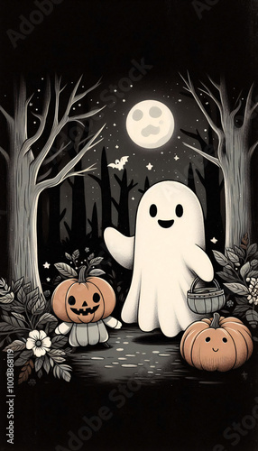 A cute ghost and pumpkin in the woods, in the style of a vintage painting, with a dark background and a Halloween theme