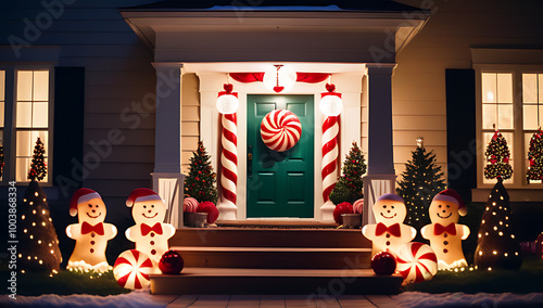 whimsical christmas porch oversized candy decorations gingerbread figures photo