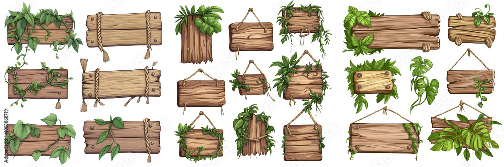 Wooden signs with green vines on a white background as transparent PNG Wooden signs with green vines on a white background as transparent PNG