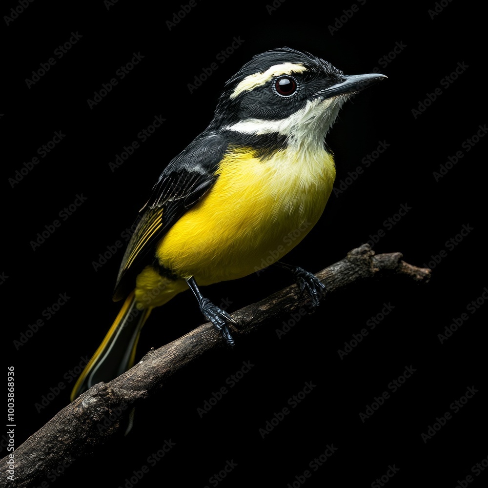 Naklejka premium A stunning yellow and black bird perched gracefully on a dark branch. This vibrant image showcases the beauty of nature and avian life. Perfect for nature enthusiasts and wildlife lovers. AI