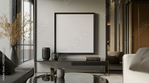 Minimalist mock-up frame set on a glass table in a luxury, open-concept living room, 3D render.